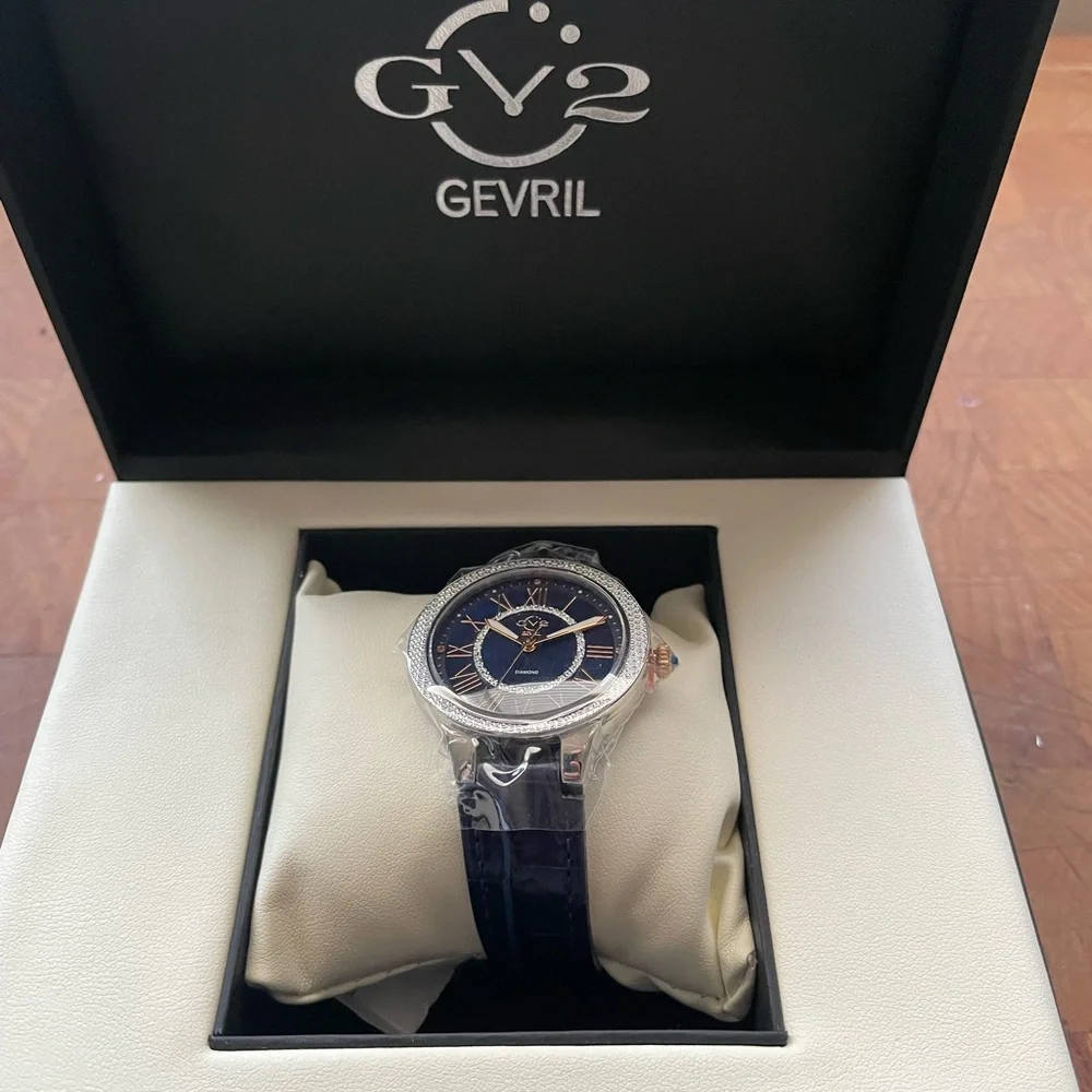 GV2 by Gevril Women's Astor II 9149-L5 Blue MOP Dial Diamond Leather Swiss Watch